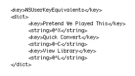 NSUserKeyEquivalents in com.apple.iTunes.plist