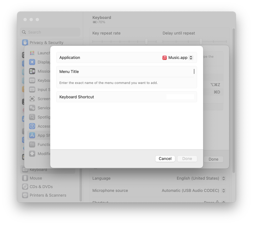 how to change keyboard shortcuts on mac to control itunes